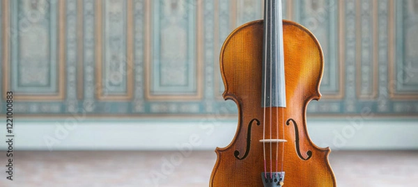 Fototapeta violin glowing under serene lighting with intricate wood details and blurred ornate background