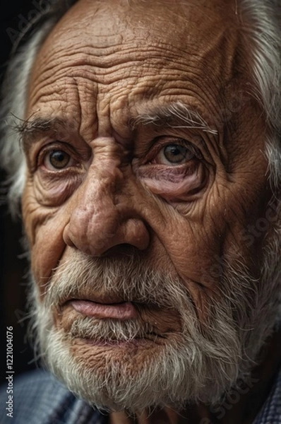 Fototapeta Close-up portrait of an elderly man's weathered face, showing the passage of time and life's experiences.
