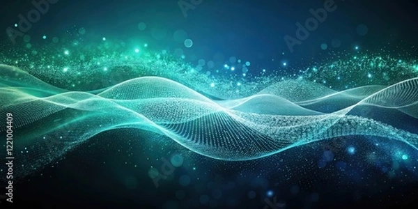 Fototapeta Abstract Teal Wave Background with Sparkling Dust Particles and Glowing Lights