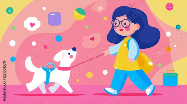 Fototapeta Girl Walking Dog: A Joyful Illustration of a Child and her Pet in a Colorful Setting