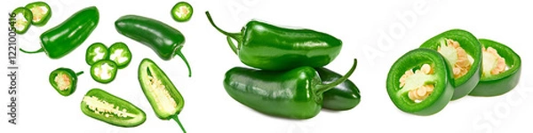 Obraz sliced jalapeno peppers isolated on white background. Green chili pepper. Capsicum annuum. top view