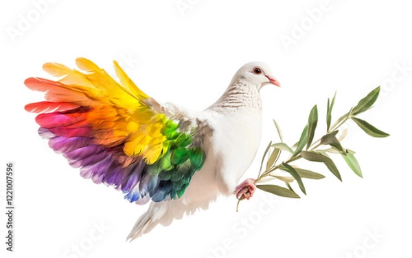 Fototapeta A Dove in Flight Carrying an Olive Branch and Radiating Rainbow Feathers of Hope isolated on transparent background. Isolated on transparent background.