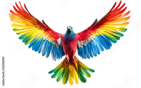 Fototapeta A Dove with Colorful Wings in Flight Celebrating Joy and New Beginnings isolated on transparent background. Isolated on transparent background.