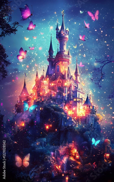 Fototapeta Enchanted Castle: A magical castle atop a hill, glowing with lights and surrounded by glowing butterflies, creating a fairytale and fantasy scene.
