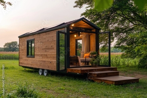 Fototapeta A modern tiny house on wheels surrounded by greenery, featuring large windows, wooden exterior, and a welcoming porch.