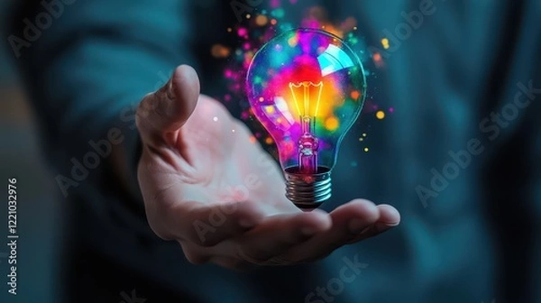 Obraz A businessman holding a digital hologram of a colorful light bulb, representing the concept of new ideas and creativity for a startup.