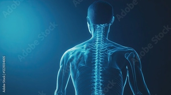 Fototapeta Male showcasing an artistic X-ray of skull and spine in blue tones.