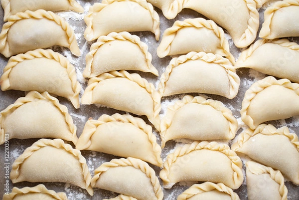 Fototapeta Fresh homemade dumplings prepared on a marble board, showcasing traditional handmade craftsmanship. Raw dough filled with savory ingredients, ready for cooking.