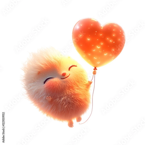 Obraz Fluffy 3D Cartoon Character Jumping with a Fluffy White Balloon Isolated on Transparent Background
