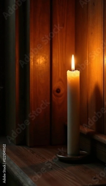 Fototapeta Gentle light from a large pillar candle in a wooden corner, golden, wood, warm