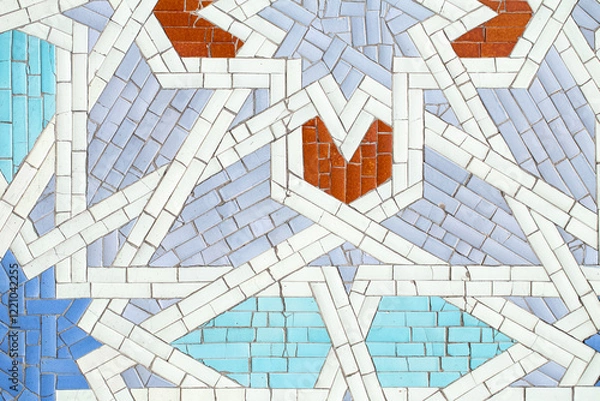 Fototapeta Islamic mosaic with geometric patterns, vibrant colors, and symmetry. Blue, white, red tiles reflect craftsmanship and cultural heritage. 
