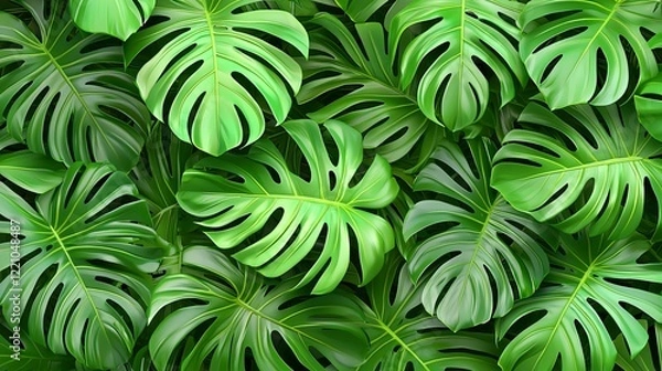 Fototapeta Green monstera leaves forming dense pattern, a background for design purposes