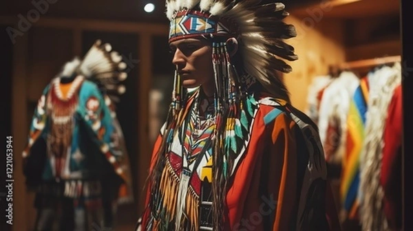 Fototapeta Embodying Tradition: A Native American Warrior Poised in Vibrant Regalia