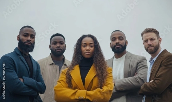 Obraz Group of confident individuals posing outdoors in casual attire