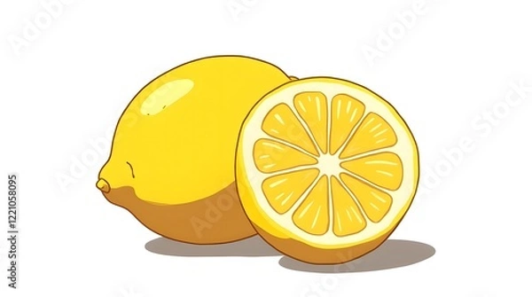 Fototapeta Juicy Lemon Fruit Illustration Whole and Sliced