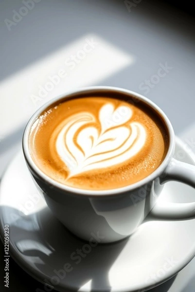 Fototapeta Minimalist White Coffee Cup with Latte Art on a Sunlit Table Creating Soft Shadows