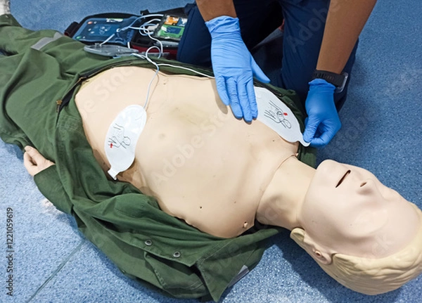 Fototapeta cardiac resuscitation techniques, partial view of professional paramedic applying defibrillator pads on CPR manikin, high angle view, health care and life-saving techniques concept