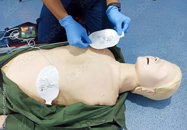 Fototapeta cardiac resuscitation techniques, partial view of professional paramedic applying defibrillator pads on CPR manikin, high angle view, health care and life-saving techniques concept