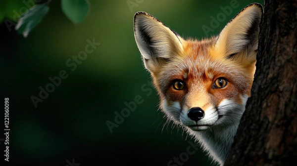 Fototapeta Red Fox Peek-a-Boo: A curious red fox with striking orange fur and intense amber eyes peeks from behind a tree trunk, creating a captivating moment of wildlife intrigue.