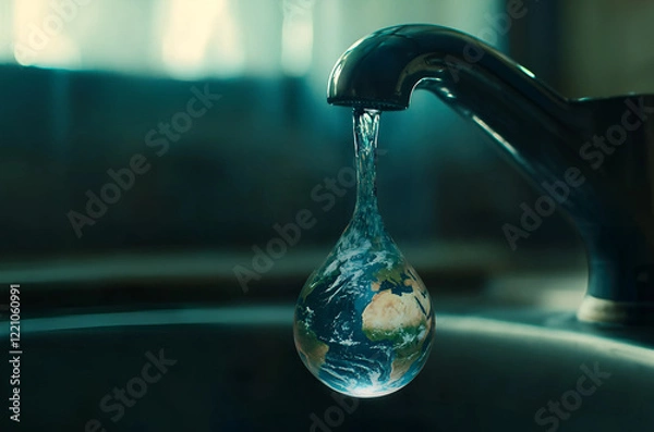 Obraz Globe water drops flowing from the faucet, water day concept