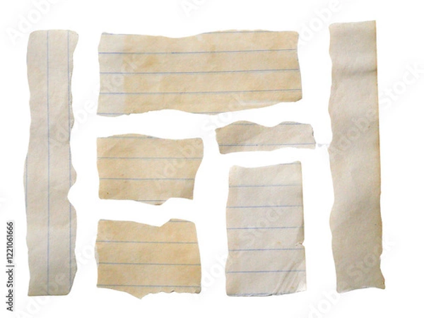 Fototapeta Pieces of notebook paper with white old torn or cut lines. Design elements isolated on transparent background.