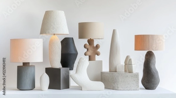 Fototapeta A curated display of modern table lamps with artistic designs, arranged neatly on a white backdrop, highlighting their elegant form.