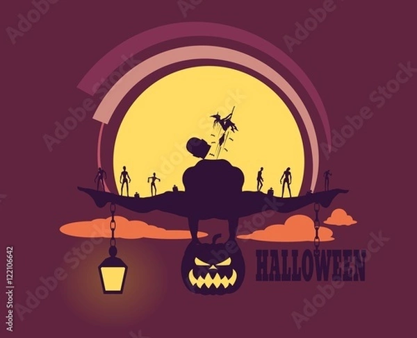 Fototapeta Zombie silhouettes on sunset. Halloween theme background. Bodybuilder posing on pumpkin. Witch fly out from body