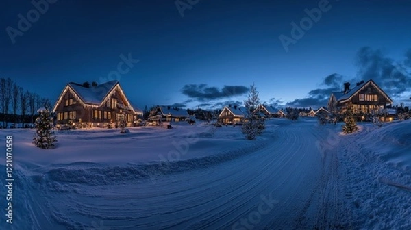 Fototapeta Illuminated Winter Houses Snow Covered Pathway