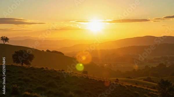 Fototapeta Golden Hour Over Rolling Countryside Hills