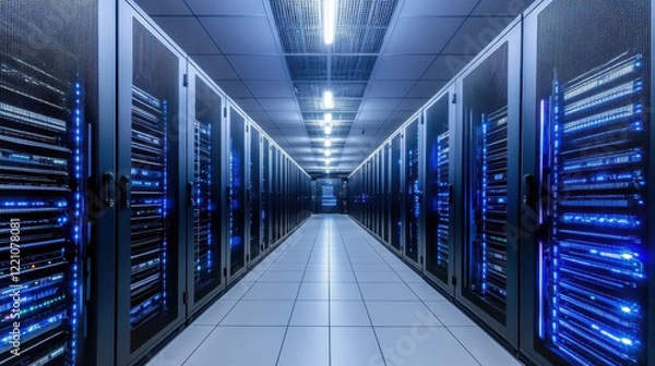 Obraz large data center corridor with energy efficient servers and blue lights