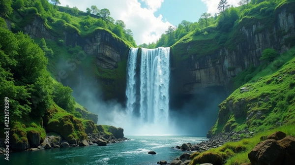 Fototapeta Majestic Waterfall in a Lush Green Valley