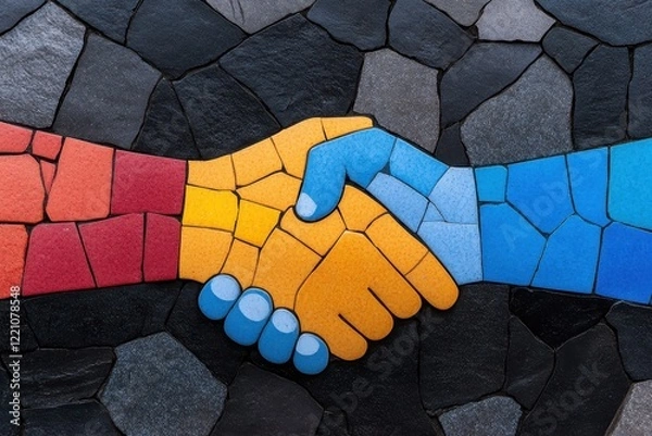 Fototapeta Two hands shaking over a vibrant colorful mosaic background symbolizing agreement and cooperation in business