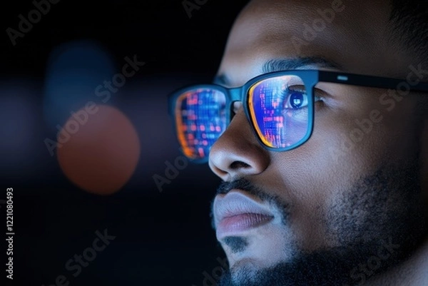 Fototapeta Man with glasses focused on computer screen in modern workspace technology and productivity conceptual image