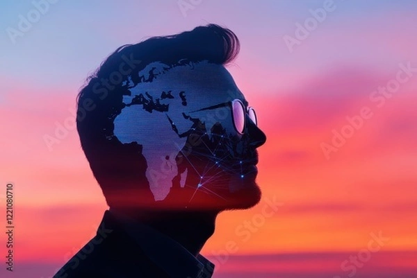 Fototapeta Man with world map on his face symbolizing global awareness and cultural diversity in a unique artistic expression