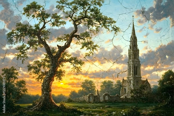 Obraz painting of english countryside with church ruins in the background  dramatic lighting and clouds sunset 