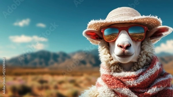 Fototapeta A fashionable sheep is posing in a serene landscape, wearing trendy sunglasses and a straw hat, demonstrating a unique blend of cuteness and style in nature.