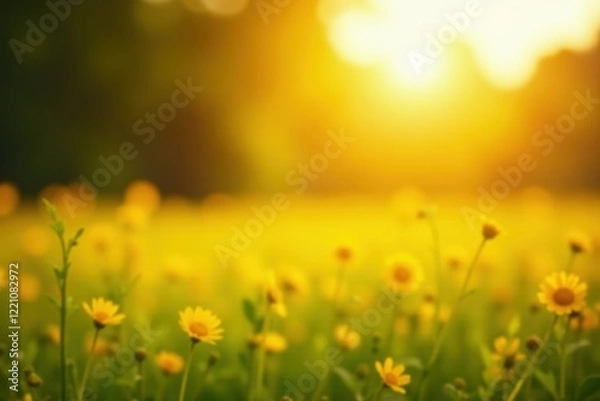 Fototapeta Sun-drenched field, blurry background, vibrant yellow bokeh, field, sunshine, countryside