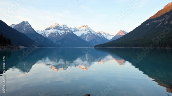 Fototapeta Tranquil Lake Reflection of Snow-Capped Peaks