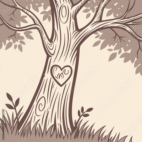 Fototapeta A tree carved with initials inside a heart vector illustration