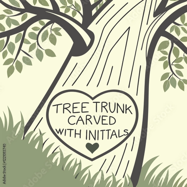Fototapeta A tree carved with initials inside a heart vector illustration