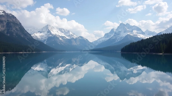 Fototapeta Tranquil Lake Reflection of Snow-Capped Peaks