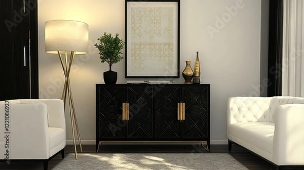Fototapeta Elegant Living Room Decor Featuring Black Cabinet And White Sofa