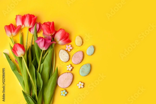 Fototapeta Happy Easter. Multi-colored pastel easter cookies gingerbread, seasonal flowers tulips on yellow background. Easter concept, copy space, flyer, banner, coupon, greeting card, invitation