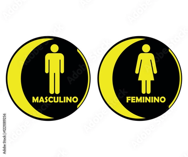 Fototapeta Placas Banheiro Redondas Com Meia Lua. Masculino e Feminino. Nos Tons Amarelo Com Fundo Preto.