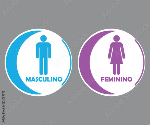 Fototapeta Placas Banheiro Redondas Com Meia Lua. Masculino e Feminino. Nos Tons Azul e Rosa Com Fundo Branco.