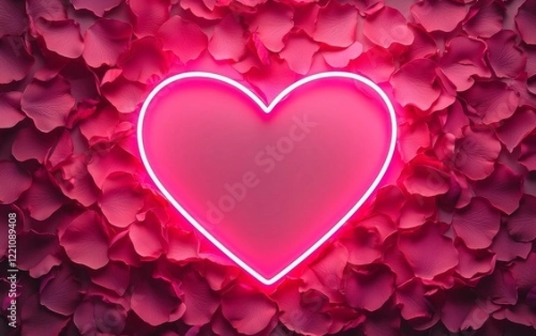 Obraz A vibrant neon heart surrounded by pink petals, symbolizing love and romance in a creative and modern way.