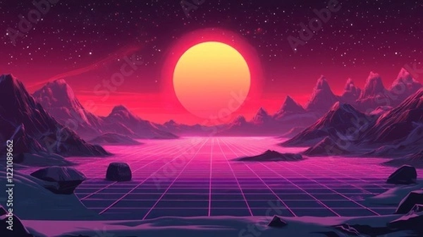 Fototapeta Retro Futuristic Landscape With Mountains And Large Sun