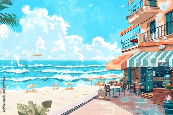 Fototapeta Illustration of Dreamy seaside town where animated waves blend seamlessly with trendy illustrated beachfront shops and cafes. Ai Generate.
