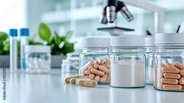 Fototapeta Health supplements with advanced formulations. Assorted medication jars with capsules and powder in a modern laboratory setting.