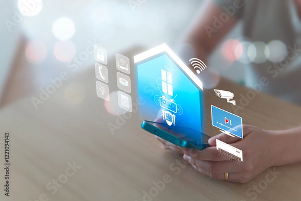 Fototapeta Smart home concept, remote control via mobile phone, Wi-Fi, AI assistant robot to control appliances and protect all connected systems in the home intelligently. Women use mobile phones to control.